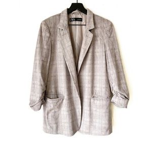 Zara Ruched Sleeve Taupe Plaid Oversized Blazer